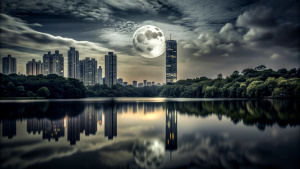  full moon at night, skyscraper city forest  still water dark night black