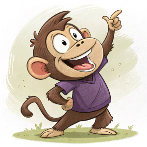 Cartoony monkey illustration. Brown fur, big smile, raised eyebrows, sticking-out tongue. Wearing a purple shirt. Playful, confident, dynamic pose.
