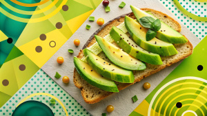 Design a vibrant composition using Minimal Clip Art Collage technique, focusing on Avocado Toast. Infuse the composition with bold geometric shapes and halftone objects, creating an eye-catching visual for advertising or animation purposes. Allow for generous copy space to convey the intended message