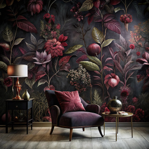 Dark botanically fantasy esthetic unrealistic wallpaper burgundy colour, dark gloomy horror black matte background photorealism, a high resolution,ultra high res.photorealistic:,1.4,UHD