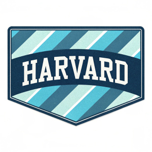 Modern logo for Harvard University. Clean, flat background with diagonal stripes of light and dark shades of blue. The word 'Harvard' in bold, white letters, centrally positioned.