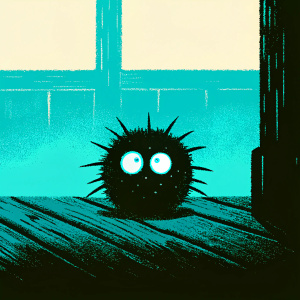 Cartoony illustration of a soot sprite from Studio Ghibli's My Neighbor Totoro. Dark silhouette with spherical body and spiky protrusions. Large white eyes. Sitting on a rustic wooden floor, surrounded by warm earth tones, with the sprite as the focal point.