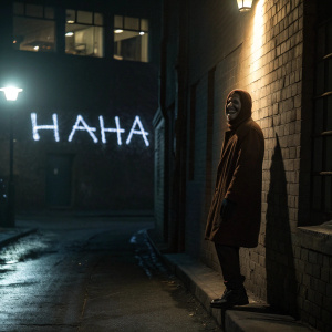 A dark alley at night. A mysterious figure with a menacing grin and brown skin. The figure's face is illuminated by eerie white text-like shapes spelling out 'haha'.