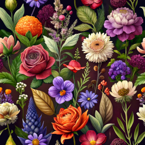 DARK BROWN  background, watercolor image with dark brown   background , wrapping paper ,iris,poppy ,aster,ixora,jasmine ,anemone ,hollyhock ,orchid ,carnation,snapdragon,celosla,gladiolus,vinca,clematis ,leek ,rosemary.carnation ,brown  lupine  , salvia   , red petunia  ,orange PHLOX , brown ALLIUM, iris ,grapes   , sephia achillea   ,astrantia ,rosemary ,  achillea, physalis