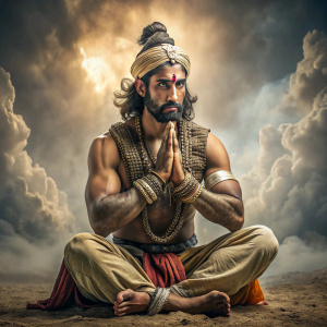An ancient Indian warrior sits on the ground and The hands are folded together, Side view
