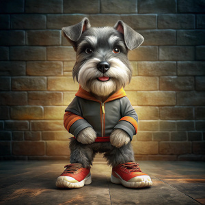 A cute tiny furry Schnauzer 
dog smiling too happy face stand up, with hands inside puckets , leaning on brick wall, wearing sport outfit with nike hoddy nd sneakers