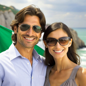 a latin american couple enjoying at the beach in Italy with sunglasses.