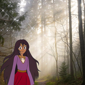 Ana Rain, a vibrant anime character with long dark hair, purple top, and red skirt, surrounded by a mystical forest scene with glowing magical elements