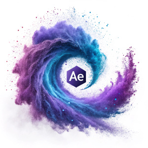 Purple and blue particle effects swirling around the Adobe After Effects logo on a white background