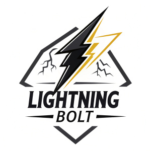 Modern logo featuring a sleek, central black lightning bolt symbol. Surrounding text elements, high contrast design