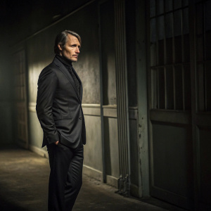 Mads Mikkelsen as Hannibal Lecter, standing in a dimly lit, shadowy room. His character wears a sleek, black suit. The scene is from the thriller series 'Hannibal'.