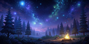 Good evening,Звёздное небо, лес, кусты , костёр, светлячки