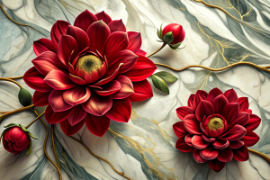 3d wallpaper red flower luxury silk on marble background print