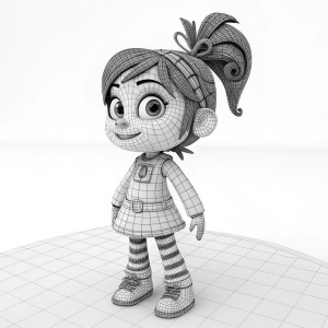 A stylized 3D character resembling Vanellope from Wreck-It Ralph. The character is in a wireframe style. Simple white backdrop.