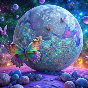 Big and multi color moon in small stars sky upstairs go to the moon shiny white and multi color butterfly around upstairs and moon white shiny stones in ground floor 