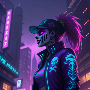 Digital art piece featuring a stylized character inspired by KDA Akali. The character is depicted with punk-inspired makeup and a vibrant color palette of purple, blue, and neon accents. She stands against a backdrop of a dimly lit, futuristic cityscape.