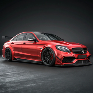 Digital illustration of a sleek red Mercedes-Benz C63 AMG. Widebody kit, sporty stance, and angular lines are highlighted. Dark grey backdrop