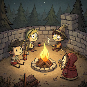 Illustration from Don't Starve Together featuring a cozy, hand-drawn scene with a central campfire. Characters, with exaggerated features, wear rustic clothing. Surrounded by a rough stone wall, the fortified area serves as a haven in the game's harsh wilderness.