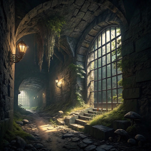 Digital illustration of a gloomy dungeon in Wolfenstein II: The New Colossus. Dim light from a barred window, casting long shadows on ancient stone walls. Dark, atmospheric scene with intricate details of decay and age.