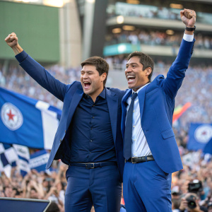 Mauricio Pochettino and Leonardo Ulloa, both in matching blue suits, celebrating a victory at a press conference. Energetic crowd in background.