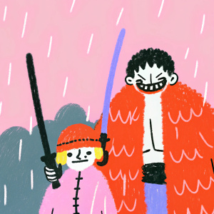 Digital art of One Piece crew. Main character Zoro, fierce look with sharp teeth. Nami, blonde hair, orange furry coat. Sanji, black hair, smoking pipe, fiery helmet. Dark stormy night background.