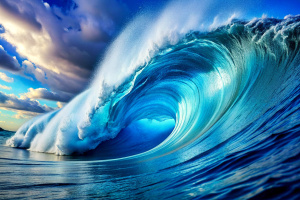 Big breaking blue ocean wave. Surfing summer wave