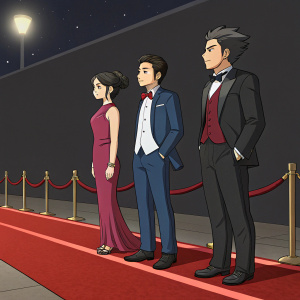 Distinct characters from Phoenix Wright Ace Attorney. Dark, minimalist background. Red carpet event