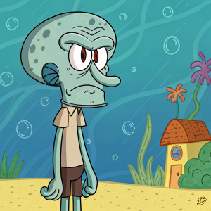 Illustration of Squidward Tentacles from SpongeBob SquarePants, frowning, split background, vibrant color palette