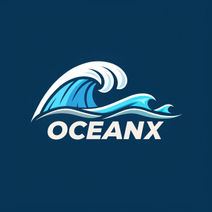 Logo for OceanX featuring a sleek, modern wave design and the text 'OceanX' in a bold, clean font. Colors are blue and white, with the text in a darker shade of blue on a lighter blue background.