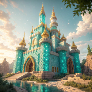 Minecraft PE: A castle with turquoise crystal design and golden spires, built from blocks, in a screenshot.