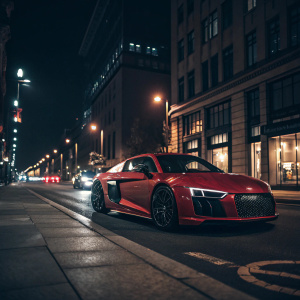 A sleek Audi R8 parked in a busy city street at night. Its shiny red paint and modern design stand out against the dark background.