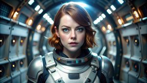 Emma Stone, best quality, 16k, masterpiece, best quality, photorealistic, dramatic lighting, raw photo, ultra realistic details, sharp focus, detailed skin, (realistic:1. 2), raw photo, (wearing skinny space suit on spaceship of space station in the space), beautiful eyes, ((perfect face)), photography, professional color graded, highres, front, f 1. 4, 50mm, (cowboy shot)