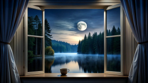 dark night window open curtain, coffee, full moon, still water, forest, dark night, midnight black 