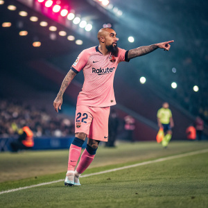 Arturo Vidal in a pink jersey with Rakuten logo and number 22. Intense expression as he plays soccer. Stadium lights create a colorful backdrop