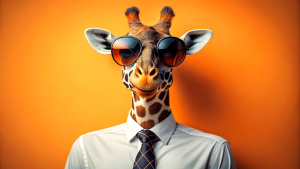 giraffe with an artistic twist in an elegant white shirt and cool mirrored sunglasses against orange background