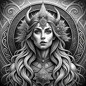 Saga, The Seer - Nordic Goddess of Sagas & Myths perfect realistic art, high-definition grey and black, white background tattoo design