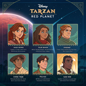 Concept art for Disney's Tarzan Red Planet featuring unique characters in a grid layout. Each character is depicted in a vibrant, cartoon-style design with detailed descriptions and roles outlined. The background showcases a futuristic take on the planet with a mix of alien and familiar elements.