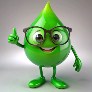 A glossy, transparent green drop of water in glasses, with legs and arms, 