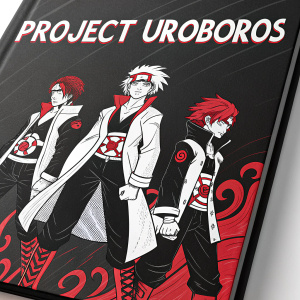 Book cover art for 'Project Uroboros'. Features anime-styled characters in dramatic poses. Black and white outfits with red highlights. Title 'Project Uroboros' centered in bold font