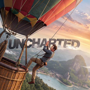Promotional billboard for 'Uncharted' featuring Tom Holland. Action-packed scene with vibrant hues and a hot air balloon