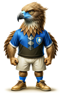 UN AGUILA CALVA DE PIE, TIPO HUMANOIDE, PENSANDO, CON POLO CELESTE, EL FONDO BLANCO