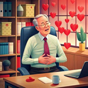 Create an image depicting an elderly Asian man experiencing symptoms related to liver illness while working in an office setting. Capture the moment as he sits at his desk, visibly in discomfort, clutching his abdomen where he feels pain in the liver area.




