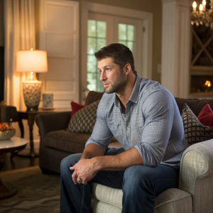 Tim Tebow, in a casual shirt and jeans, sitting in a cozy living room. Solemn look on his face.