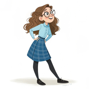 Mia Thermopolis, in animated style, has a cheerful expression. Light skin, rosy cheeks. Wearing a sky blue blouse, blue plaid skirt, black tights, and black loafers. Long wavy brown hair framing her face. Glasses perched on nose.