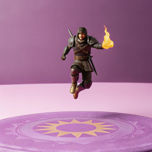 Dirk Daring, clad in intricate medieval armor, mid-jump above a flaming circular platform with a purple emblem. Dark, neutral background. Dynamic 3D rendering, resembling Dragon's Lair aesthetic.