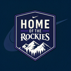 Vector illustration of the Colorado Rockies baseball team logo. Mountain silhouette and text 'Home of the Rockies' are clearly visible. Dark blue background with Nike swoosh at top right corner.