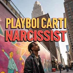 Playboi Carti's album cover *Narcissist*, a vibrant color splash of graffiti art. The title in bold, eye-catching letters. Lively cityscape background.
