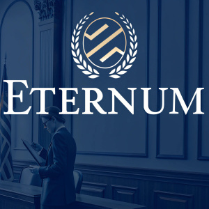 Sophisticated logo for tech brand 'Eternum'. Bold, white letters on dark blue background. Sleek and modern design. Clean, minimalistic style.
