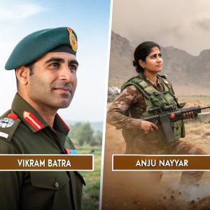 Vikram Batra and Anju Nayyar: Indian Military Heroes. Detailed biography and portraits. Focusing on their military careers and achievements.