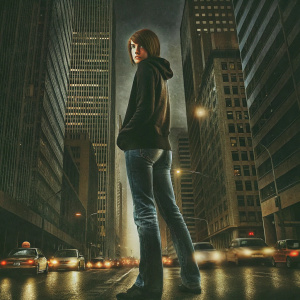 Kyoko Iwase from Initial D anime, dressed in a casual black hoodie and jeans. Standing amidst a bustling city street, surrounded by towering skyscrapers.